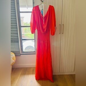 Eywasouls Malibu Red Heart Silk Chiffon Dress Large